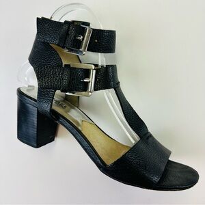 Michael Kors black leather block heel sandals double buckle details Size 8M